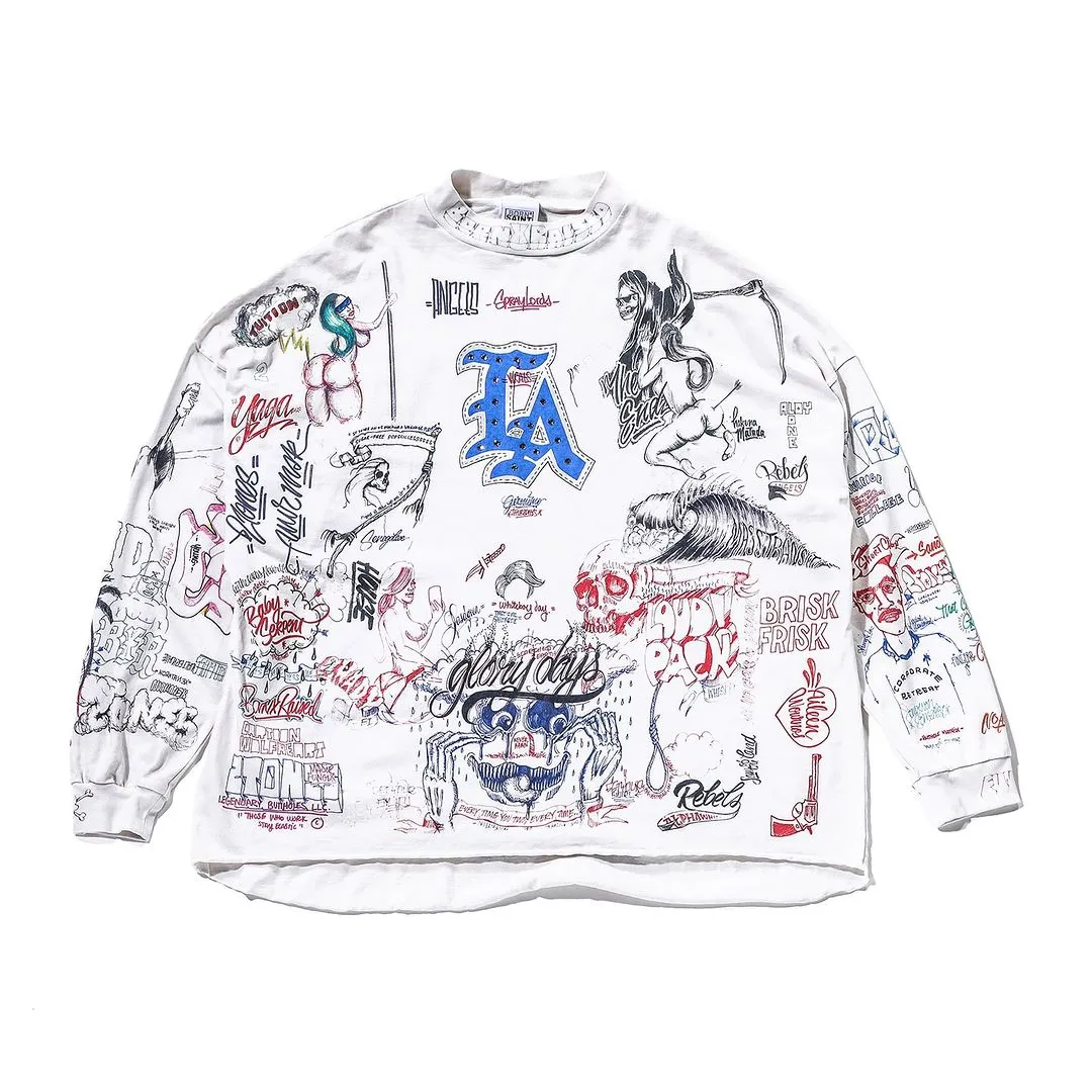 SAINT Mxxxxxx × BORNXRAISED BR_LS TEE/LA/WHT Latest co-branded model LA diamond all-over long sleeves off-white S-XL Super heavy work started in February and lasted three months Super complex 36 sets of screens Outlined pictures make you doubt your life Super perfect reproduction of printing Genuine Czech diamonds Pressure-free reproduction